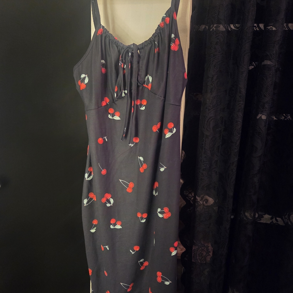 Black Dress with Cherry Print Sz Small - Picture 2 of 3